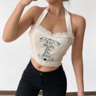 Lettering Embroidered Lace Trim Corset Top