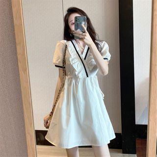 Short Sleeve V-neck Ruffled Trim A-line Dress
