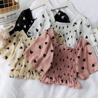 Heart-print Smocked Crop Top