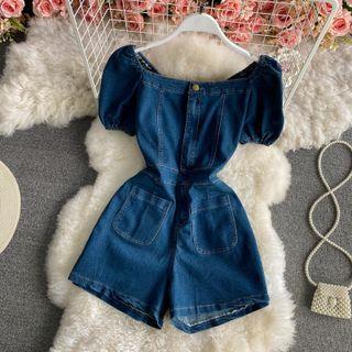 Square Neck High Waist Denim Jumpsuit