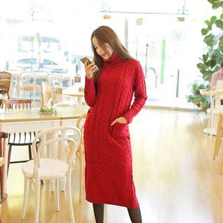 Turtle-neck Midi Cable-knit Dress