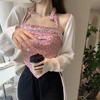 Cropped Cardigan / Flower Print Halter Top