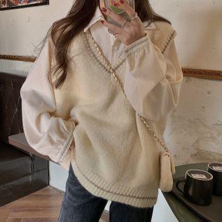 Long-sleeve Plain Shirt / Sweater Vest