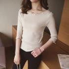 Faux Pearl Scallop Trim 3/4 Sleeve Knit Top