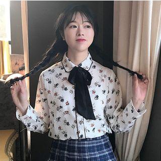 Bow Floral Print Long-sleeve Chiffon Blouse