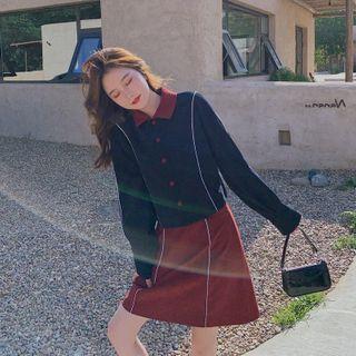 Set : Color Block Lapel Shirt + A-line High-waist Skirt