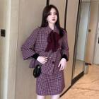 Houndstooth Double-buttoned Woolen Jacket / Houndstooth Mini Skirt