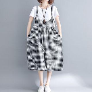 Plaid Wide-leg Suspender Pants Plaid - Black & White - One Size