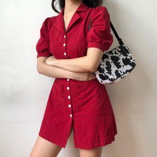 Lapel Single-breasted Puff-sleeve Dress