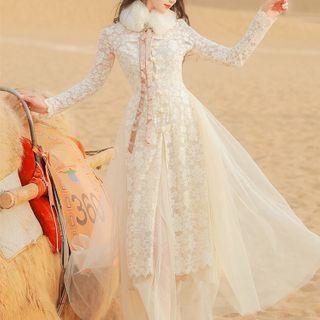Set: Spaghetti Strap Mesh Midi A-line Dress + Long-sleeve Lace Top