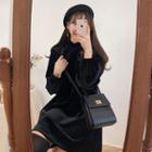 Velvet Long-sleeve A-line Dress Black - One Size