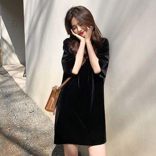 Elbow-sleeve Velvet Mini Shift Dress