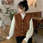 Floral Button-up Vest / Puff-sleeve Mock-neck Lace Top