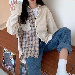 Asymmetrical Plaid Panel Corduroy Shirt Jacket