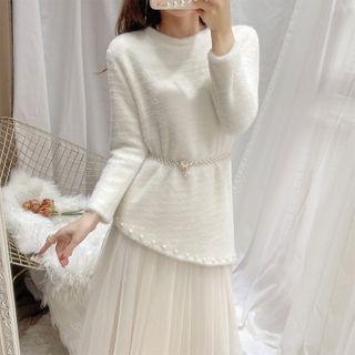 Set: Faux Pearl Sweater + Midi A-line Skirt