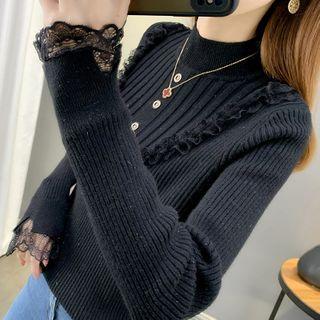 Mock-neck Plain Lace Panel Ruffle Trim Knit Sweater