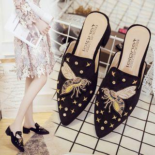 Embroidered Chunky Heel Mules