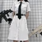 Set: Short Sleeve Plain A-line Shirtdress + Belt + Tie