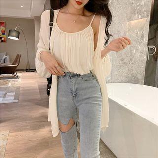 Set Of 2: : Sleeveless Plain Chiffon Top / Open Front Long Top White - One Size