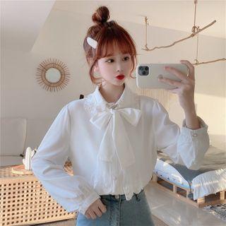 Long-sleeve Tie-neck Lace Trim Blouse White - One Size
