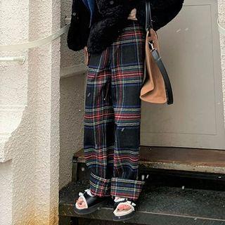 Plaid Wide-leg Pants Pants - Plaid - Black & Red & Green - One Size