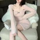 Square-neck Bow Accent Furry-knit Dress Pink - One Size