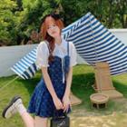 Puff-sleeve Blouse / Denim Camisole Top / Pleated A-line Skirt