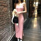 Side Slit Midi Spaghetti Strap Knitted Dress / Hooded Knitted Jacket