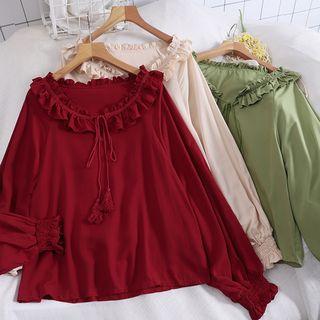 Plain Ruffle Trim Long-sleeve Blouse