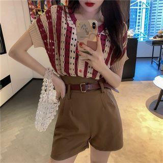 Striped Short-sleeve Pointelle Knit Top / High-waist Shorts With Belt