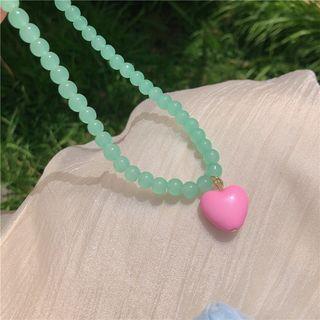 Bead Heart Necklace Green - One Size