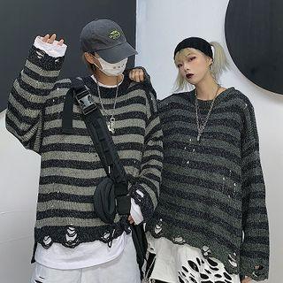 Couple Matching Striped Distressed Sweater