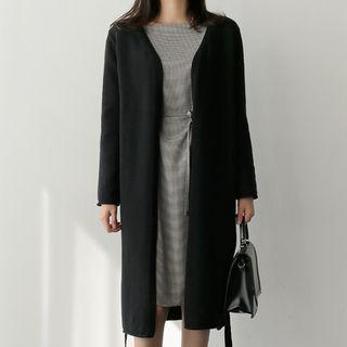 Open-front Wool Blend Long Cardigan With Sash