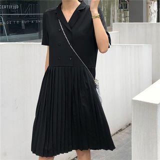 Short-sleeve Double Breasted Pleated Dress Black - One Size