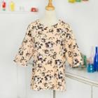 Elbow-sleeve Floral Top Beige - One Size