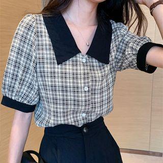 Contrast Collar Plaid Blouse