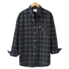 Loose-fit Long-sleeve Check Shirt Navy Blue - One Size