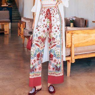 Ethnic Print Drawstring Wide-leg Pants