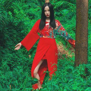 Japanese-style Printed Dress (waist Belt Not Included)
