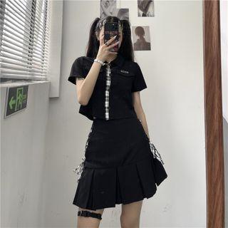 Short-sleeve Plaid Trim Crop Shirt / Lace-up Pleated Mini A-line Skirt