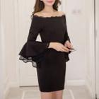 Lace Trim Off-shoulder Bell-sleeve Sheath Cocktail Dress