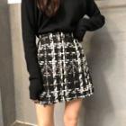 Long-sleeve Off-shoulder Knit Top / A-line Mini Tweed Skirt