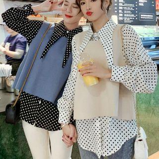 Tie Waist Knit Vest / Dotted Blouse / Bow Accent Long-sleeve A-line Dress / Set