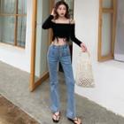 Long-sleeve Cold-shoulder Drawstring T-shirt / Boot Cut Jeans