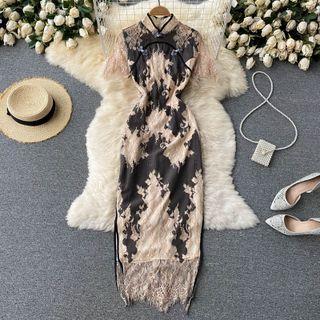 Stand-collar Lace Color Block Short-sleeve Qipao