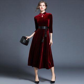3/4-sleeve Velvet Midi Dress
