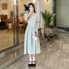 Short-sleeve Midi A-line Dress Light Aqua Blue - One Size