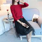 Set: Plain Sweater + Pleated Sheer Panel Skirt