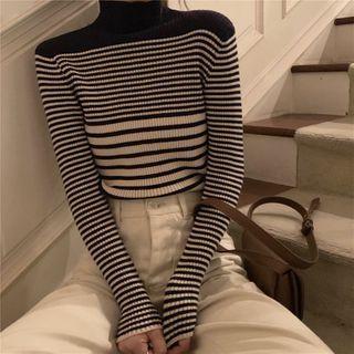 Turtleneck Long-sleeve Striped Knit Top