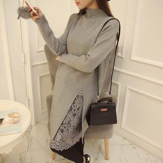 Slit-side Lace Panel Knit Dress